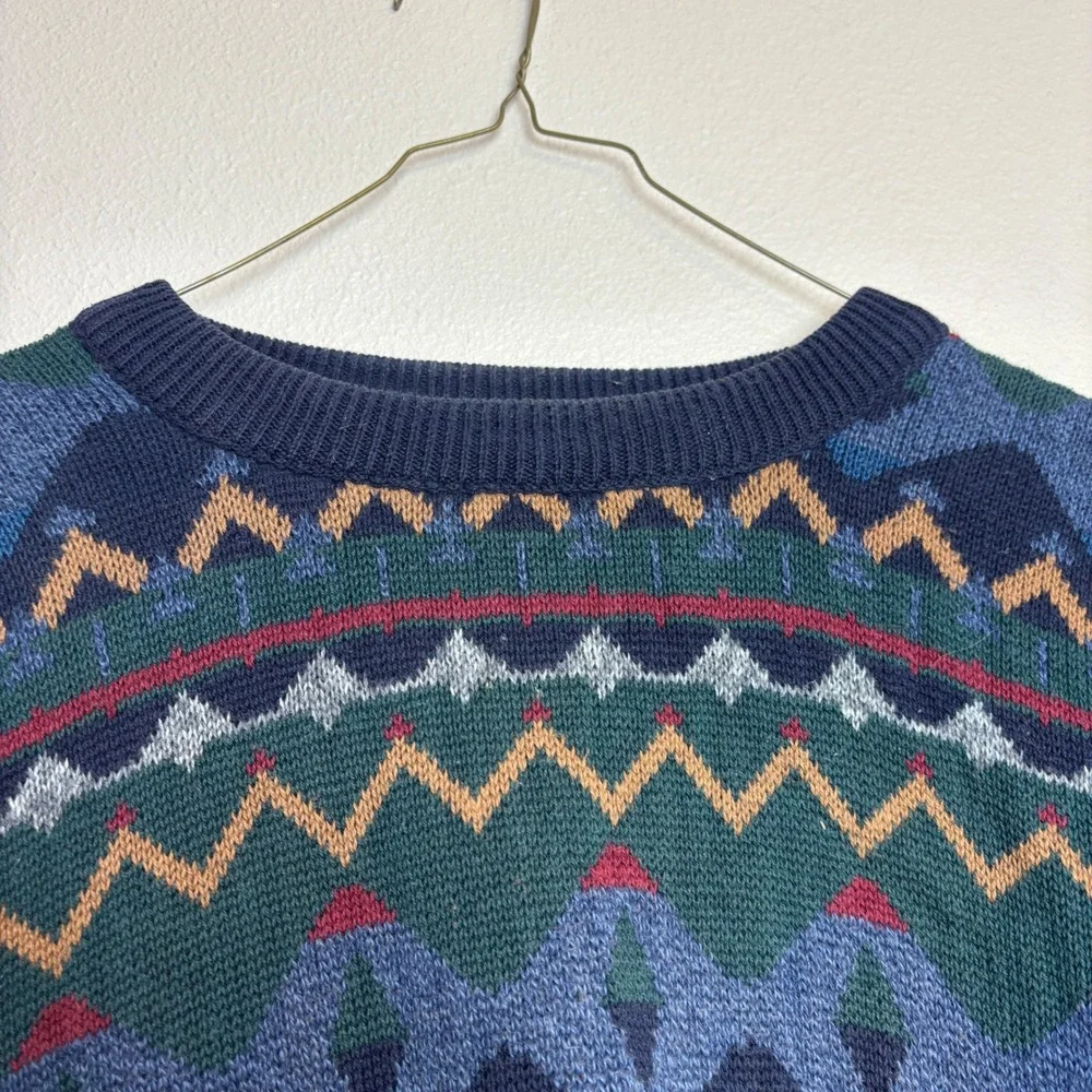 Vintage Mens Large L Cotton Geometric Knit Sweater USA Grandpa Eclectic‎ Blue